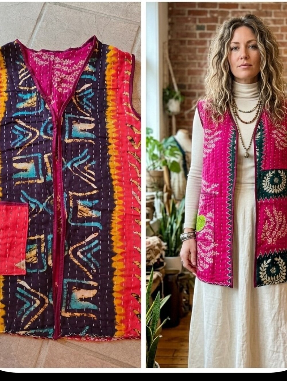 Upcycled Kantha Quilt Long Vest M-L Reversible Handmade Dont Throw Ir Out